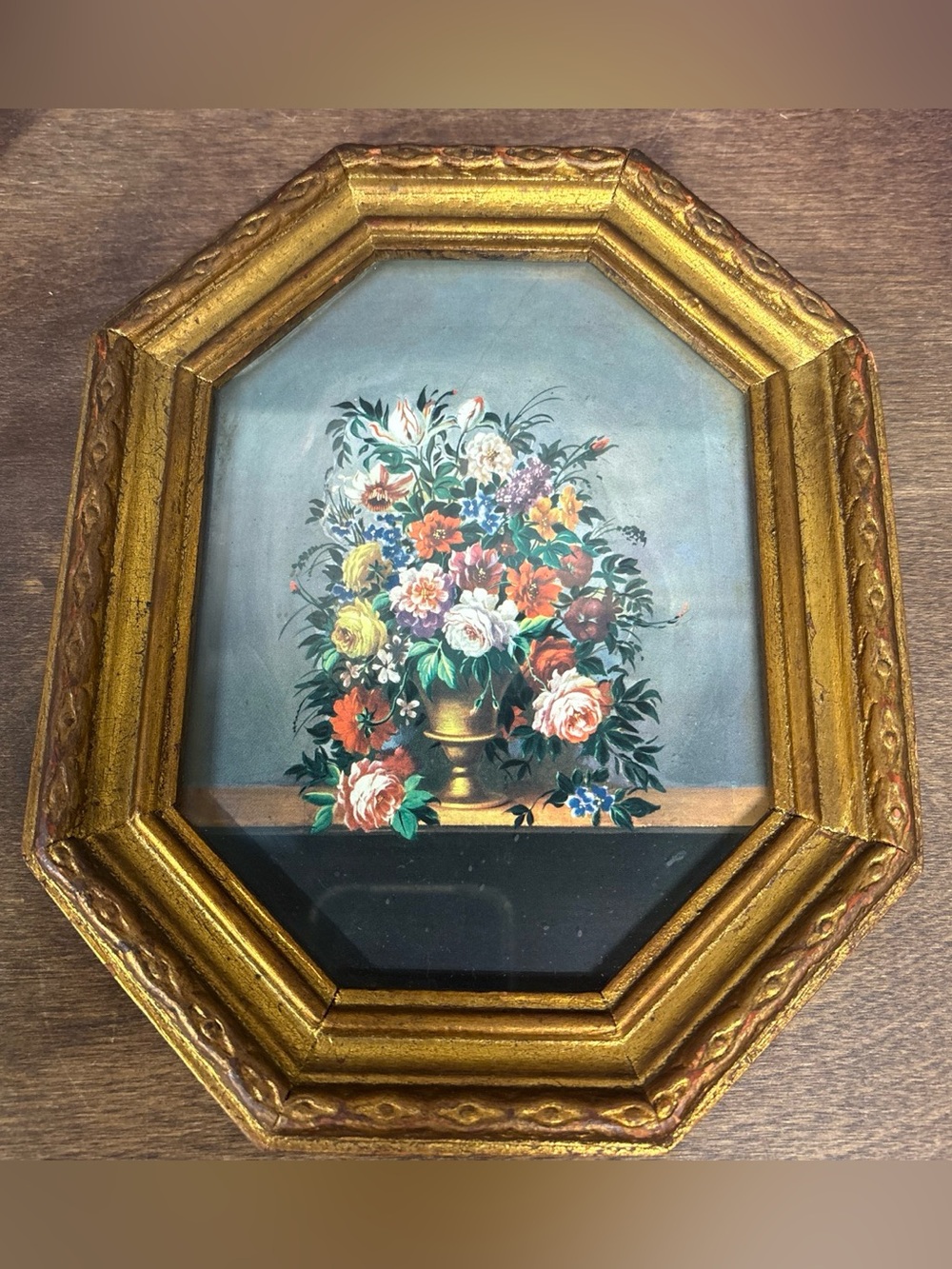 Vintage Floral Print in Gold Octagonal Frame - Multicolor